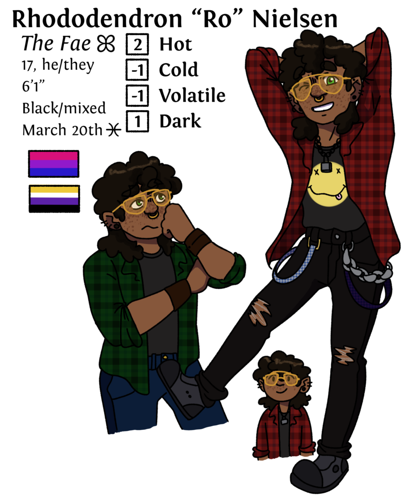 An image of character Rhododendron "Ro" Nielsen. He uses he/they pronouns, is 17 years old and 6 feet tall. Ro is black/mixed race, and was born on March 20th. They are bisexual and non-binary, as shown by the two corresponding pride flags. The image also shows that his Monsterhearts stats are Hot 2, Cold -1, Volatile -1, and Dark 1. There are 3 illustrated images of Ro, in which he wears a flannel and Nirvana t-shirt. He looks relaxed and friendly.